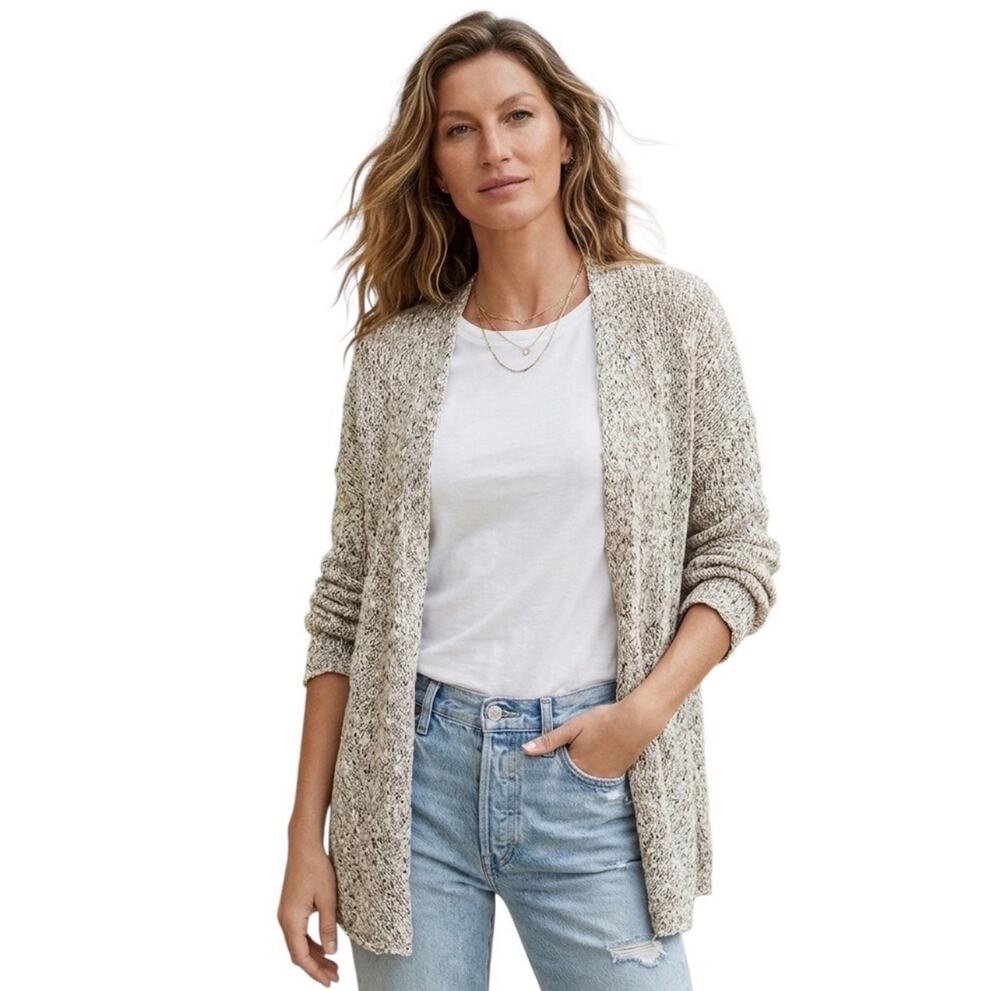 Eileen Fisher 100% Cotton Open Front Long Sleeve Gray Cardigan Sweater Small